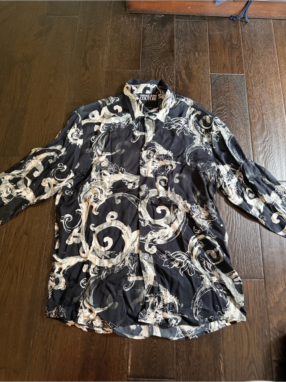 Versace Black Shirt Jacket with Cream Swirl Print